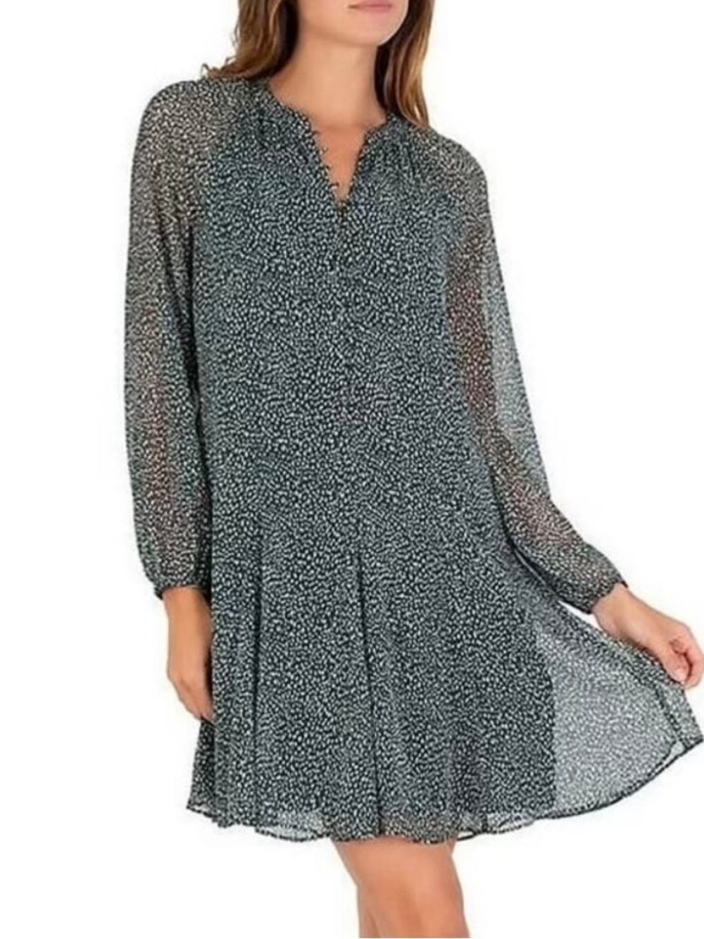 Joie Artic Animal Spot Chiffon Button Swing Balloon Sleeve Dress Green White XXL